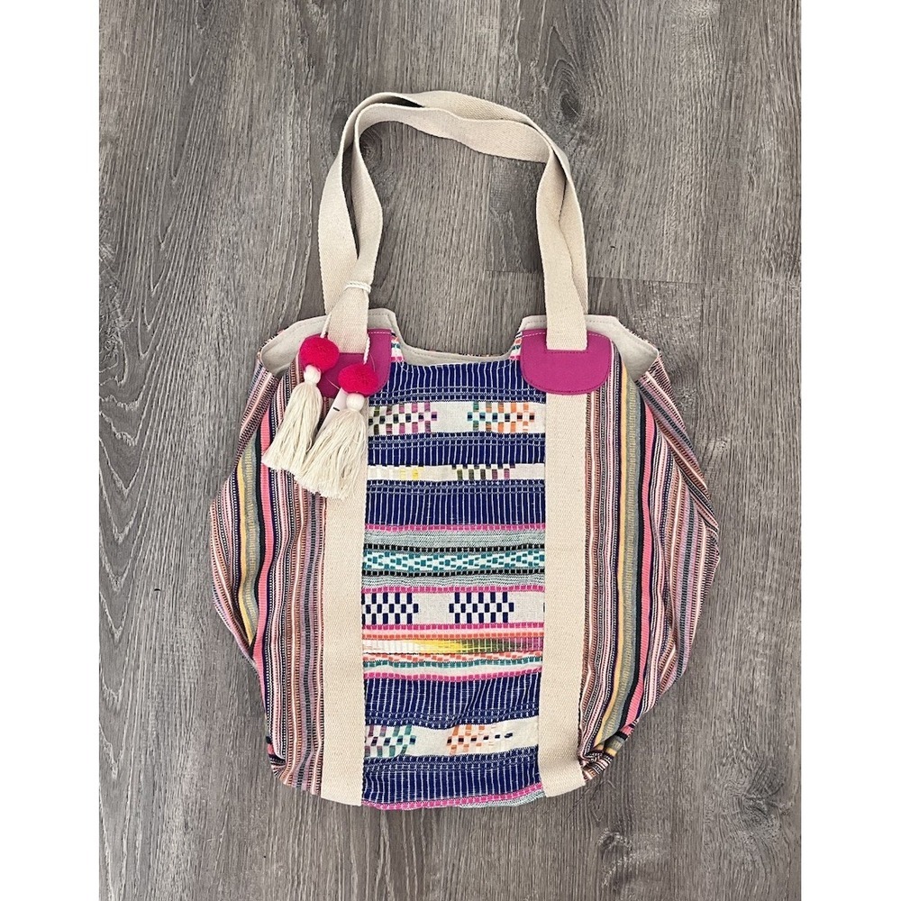 Boho Striped Canvas Tote Bag Tassels Bohemian Festival Beach Shoulder Bag NWT